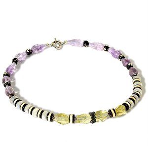 925 Silver Black Diamond Lemon Citrine, Amethyst MoonStone Statement Necklace